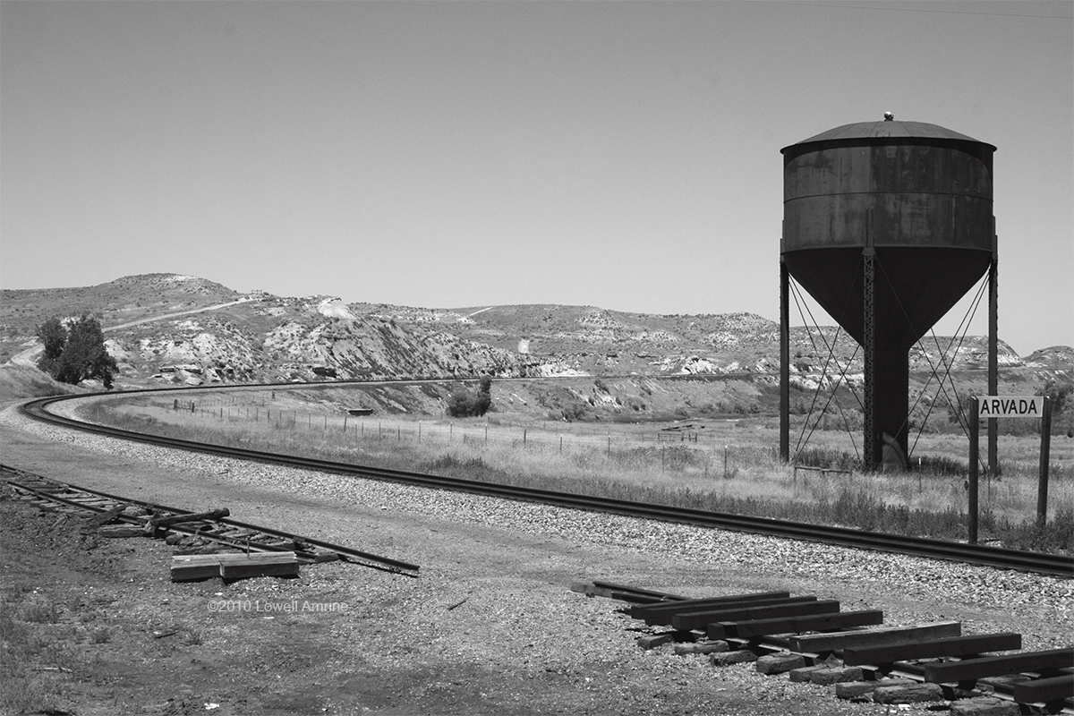 Railroad track and water tank, Arvada, MT