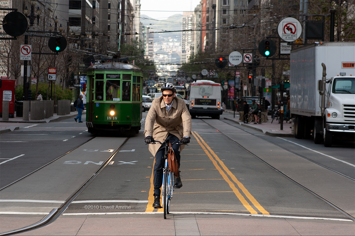 Bicyclist on Market Street, San Francisco, CA