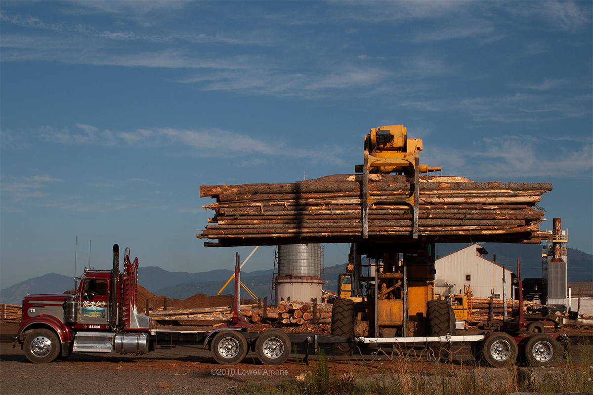 Unloading a log truck, Belden, WA