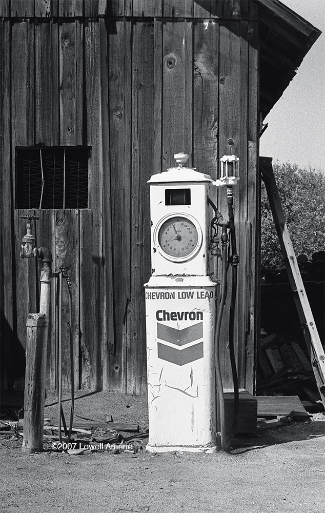 1940's style gas pump at citrus orchard building, Redlands, CA